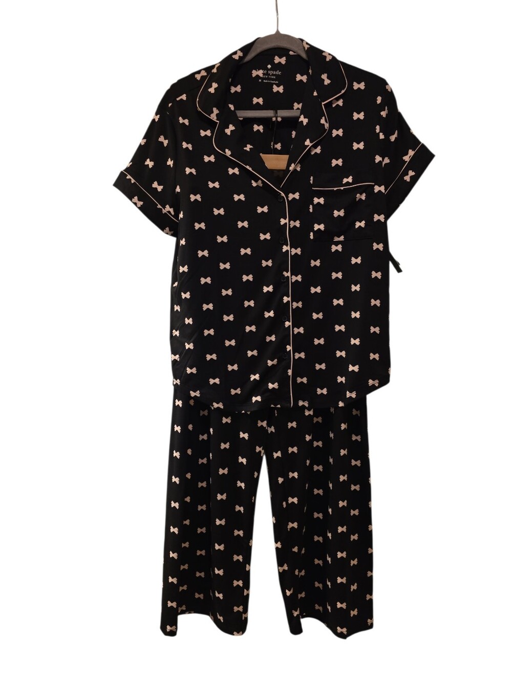 Kate Spade, NWT, 2 Piece Pajama Set, Black Base With Light Pink Bows, Women's M,